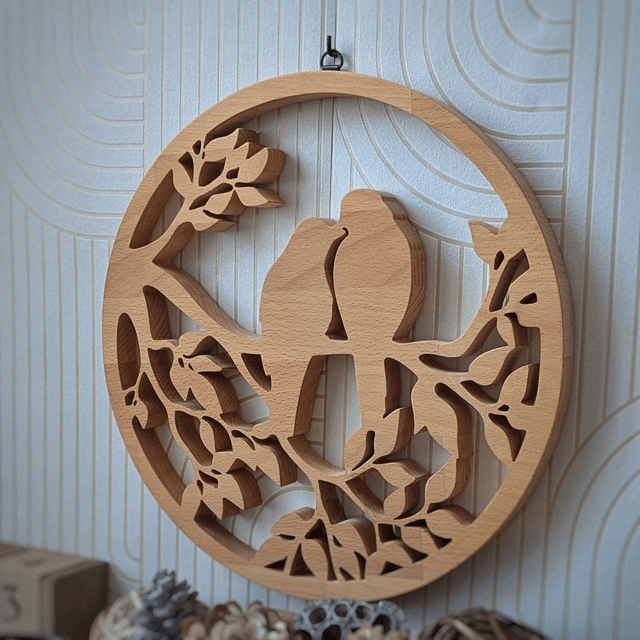 Tableau oiseaux amoureux en hêtre