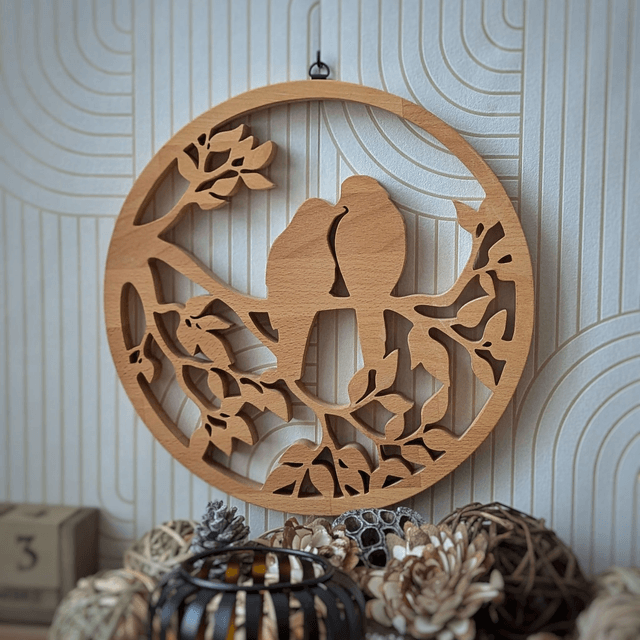 Tableau oiseaux amoureux en hêtre
